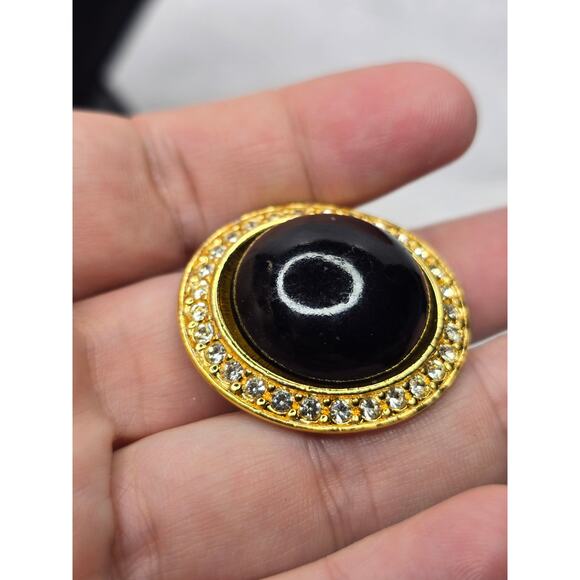 Embellished Gold Tone and Black Round Clip Earrings - Picture 5 of 6